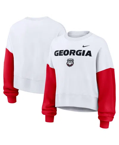 NIKE WOMEN'S WHITE GEORGIA BULLDOGS COLOR-BLOCK OVERSIZED CROPPED PULLOVER SWEATSHIRT