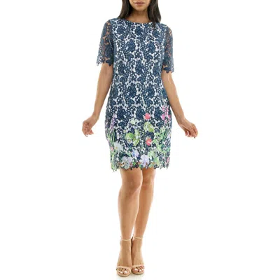 NINA LEONARD NINA LEONARD FLORAL BORDER ELBOW SLEEVE LACE SHEATH DRESS