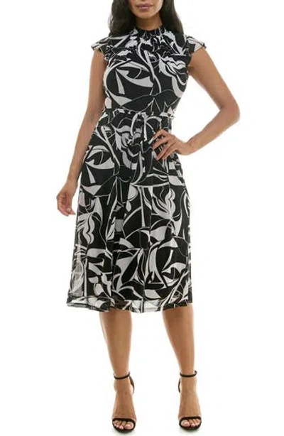 NINA LEONARD NINA LEONARD MOCK NECK FLUTTER SLEEVE MIDI DRESS