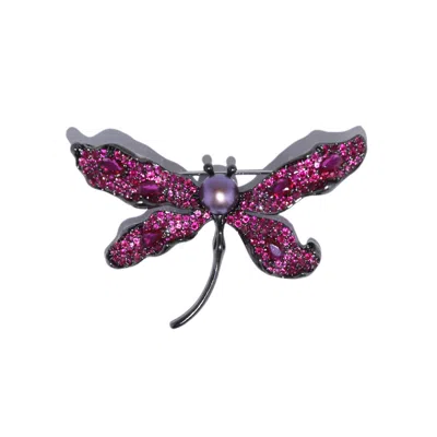 NINEMOO WOMEN'S BLACK / PURPLE ROSY GLIMMER DRAGONFLY PEARL BROOCH