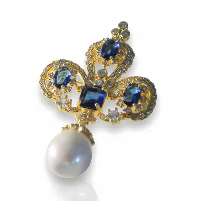 NINEMOO WOMEN'S GOLD / BLUE ROYAL BLUE IRIS NATURAL PEARL BROOCH & PENDANT