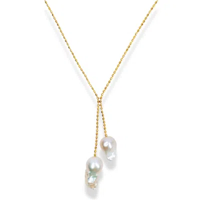 NINEMOO WOMEN'S GOLD / WHITE DOUBLE DROP BAROQUE PEARL NECKLACE