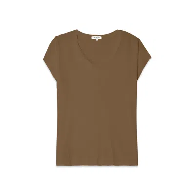 NOEND DENIM WOMEN'S BROWN SUPIMA COTTON CAP SLEEVE V NECK TEE IN CARMEL