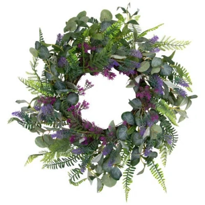 NORTHLIGHT NORTHLIGHT LAVENDER AND MIXED FOLIAGE ARTIFICIAL FLORAL SPRING WREATH, PURPLE AND GREEN