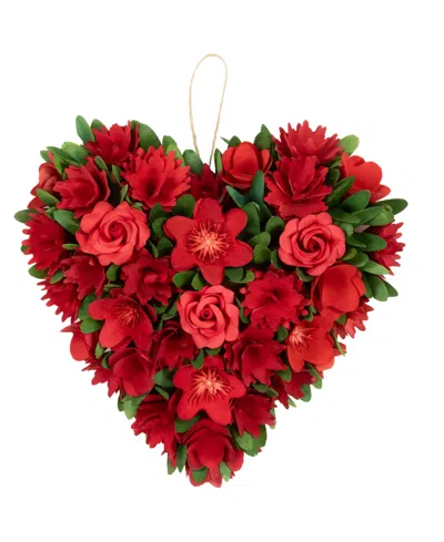 NORTHLIGHT MIXED FLORAL WITH WOODEN FLOWERS ARTIFICIAL VALENTINE'S DAY HEART WREATH, 12.25"