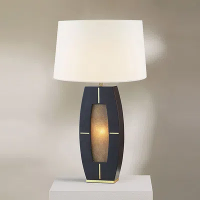 NOVA OF CALIFORNIA DELACEY TABLE LAMP - EBONY WOOD FINISH, WEATHERED BRASS, WHITE LINEN SHADE