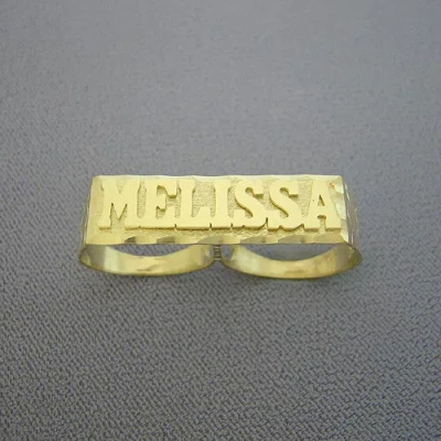 NSG SOLID METAL MEN'S CUSTOMIZED 2 FINGER NAME RING 14K YELLOW GOLD PLATED SILVER