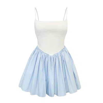 NUAJE NUAJE WOMEN'S WHITE / BLUE BIANCA SMOCKED BALLERINA MINI DRESS IN WHITE AND BLUE