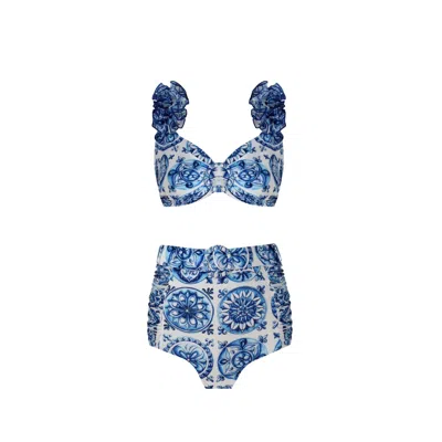 NUR KARAATA WOMEN'S BLUE LILY BLEU BLANC BIKINI SET