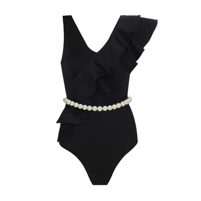NUR KARAATA WOMEN'S BLACK LILAC PEARL SWIMSUIT