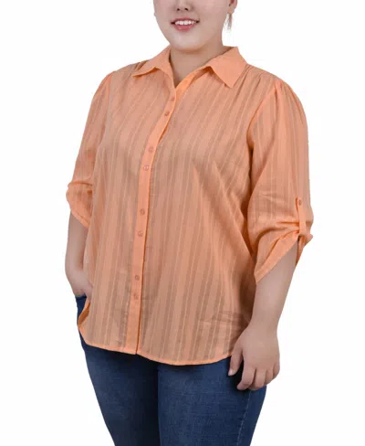 NY COLLECTION PLUS SIZE 3/4 ROLL TAB SLEEVE COTTON BLOUSE