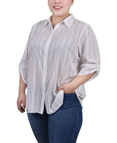 NY COLLECTION PLUS SIZE 3/4 ROLL TAB SLEEVE COTTON BLOUSE