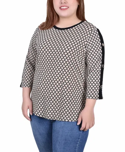 NY COLLECTION PLUS SIZE 3/4 SLEEVE TOP WITH COMBO BANDS AND GROMMETS