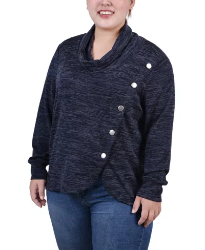 NY COLLECTION PLUS SIZE LONG SLEEVE OVERLAPPING COWL NECK TOP