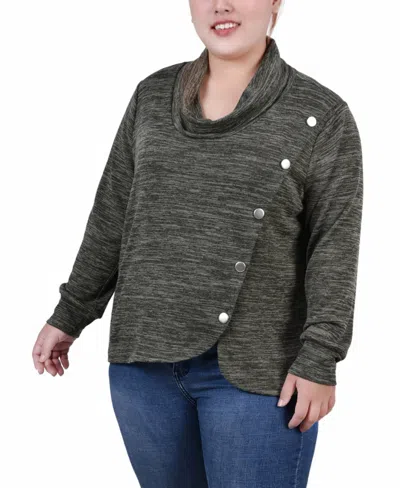 NY COLLECTION PLUS SIZE LONG SLEEVE OVERLAPPING COWL NECK TOP