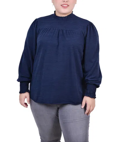 NY COLLECTION PLUS SIZE LONG SLEEVE TOP WITH SMOCKING DETAILS
