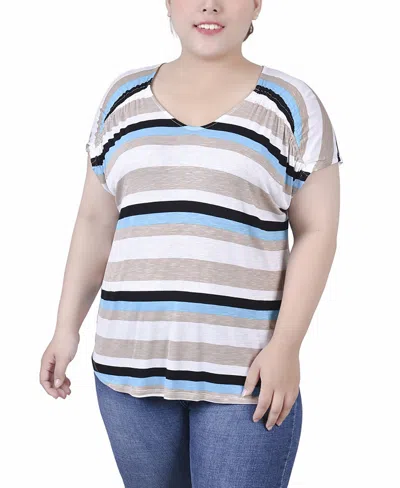 NY COLLECTION PLUS SIZE SHORT SLEEVE STRIPED V-NECK TOP