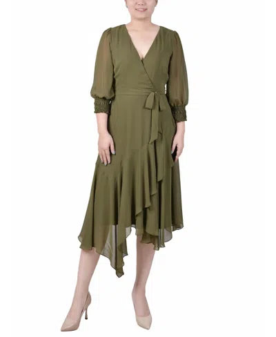NY COLLECTION WOMEN'S 3/4 SLEEVE BELTED CHIFFON HANDKERCHIEF HEM DRESS