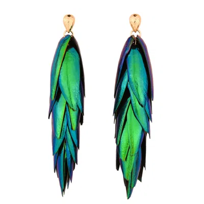 OANASAVU.CREATIONS WOMEN'S GREEN / GOLD BEETLE EARRINGS LONG METALLIC GREEN NATURAL RECYCLED SCARAB INSECT WINGS & GOLD