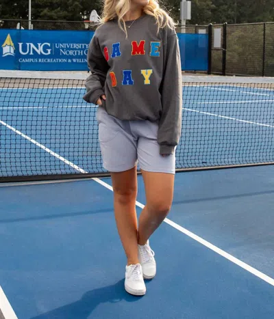 OAT COLLECTIVE PATCH GAME DAY CREWNECK LONG SLEEVE TOP IN MULTI COLOR