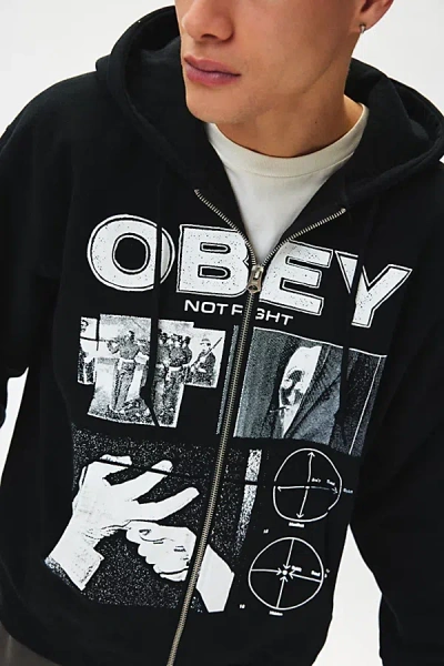 OBEY NOT RIGHT FULL ZIP HOODIE SWEATSHIRT IN BLACK, MEN'S AT URBAN OUTFITTERS