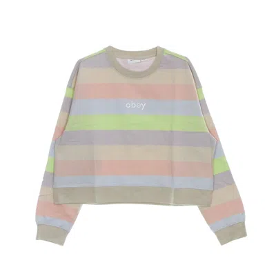 OBEY WOMEN'S CROPPED LIGHTWEIGHT CREW NECK SWEATSHIRT CHELSEA CREW SPECIALTY FLEECE CLAY MULTI