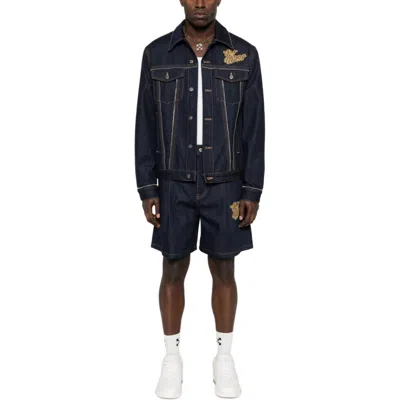 OFF-WHITE 90S LOGO SKATE DENIM JACKET IN RAW BLUE GOLD
