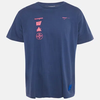 OFF-WHITE BLUE PRINTED COTTON KNIT CREW NECK OVERSIZED T-SHIRT XS