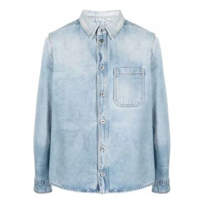 OFF-WHITE Men's Off-White SS21 Lapel Buckle Long Sleeves Blue Shirt