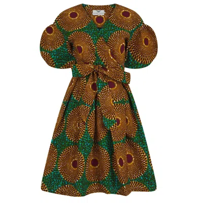 OHEMA OHENE WOMEN'S BROWN TABITHA AFRICAN PRINT MIDI WRAP DRESS NSUBRA