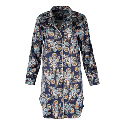 OH!ZUZA NIGHT&DAY WOMEN'S BLUE / NEUTRALS SILK SHIRT NIGHTDRESS - NAVY PRINT