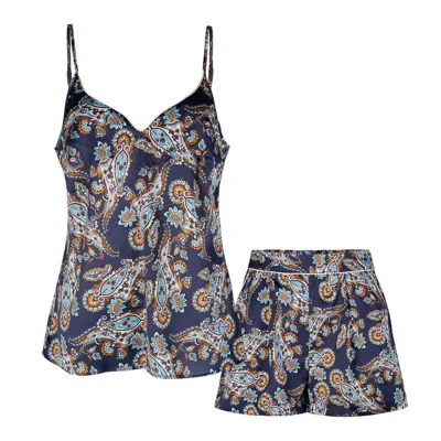 OH!ZUZA NIGHT&DAY WOMEN'S BLUE / NEUTRALS SILK SHORT PAJAMA SET - NAVY PRINT