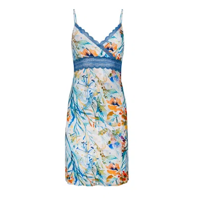 OH!ZUZA NIGHT&DAY WOMEN'S BLUE / NEUTRALS PRINTED NIGHTDRESS WITH LACE DETAILS