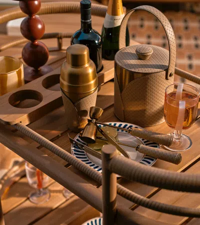 OKA EMSWORTH LEATHER ICE BUCKET AND TONGS - TAUPE