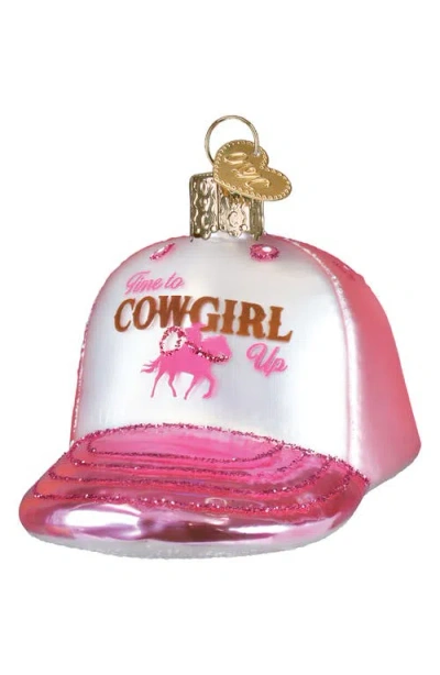 OLD WORLD CHRISTMAS OLD WORLD CHRISTMAS COWGIRL TRUCKER CAP GLASS ORNAMENT