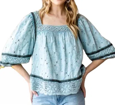OLI & HALI WASHED EYELET LACED BABYDOLL TOP IN BLUE