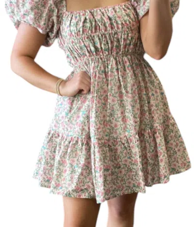 OLIVACEOUS MULTI FLORAL BUBBLE SLEEVE DRESS IN CREAM/PINK