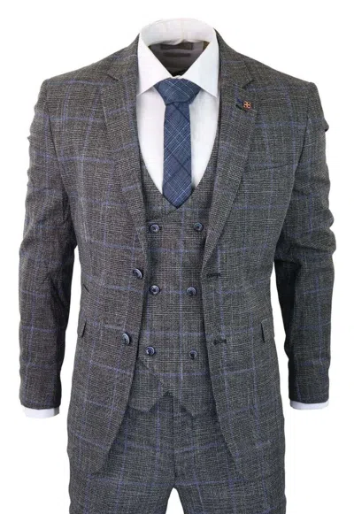 OLIVER TWEED MENS 3 PIECE GREY WITH BLUE CHECK TWEED VINTAGE CLASSIC SUIT