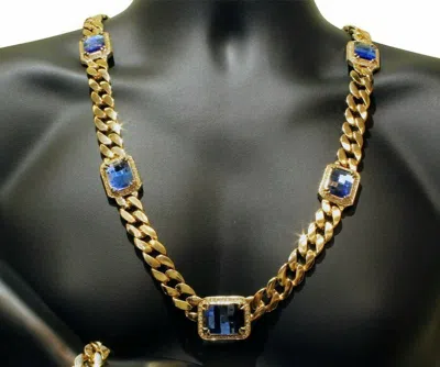 ONLINE0369 6 CT SIMULATED TANZANITE MEN'S CUBAN LINK NECKLACE 14K YELLOW GOLD PLATED SILVER