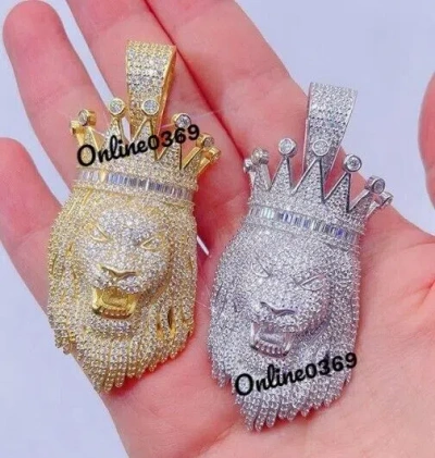 ONLINE0369 MEN'S ANGARY LION CHARM PENDANT SIMULATED DIAMOND & MOISSANITE SILVER FREE STUD