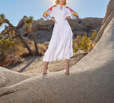 OOLALA PEACOCK EMBROIDERED TIERED MAXI DRESS IN WHITE