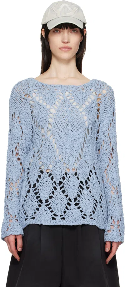 OPEN YY BLUE COTTON ARGYLE POINTELLE PULLOVER SWEATER