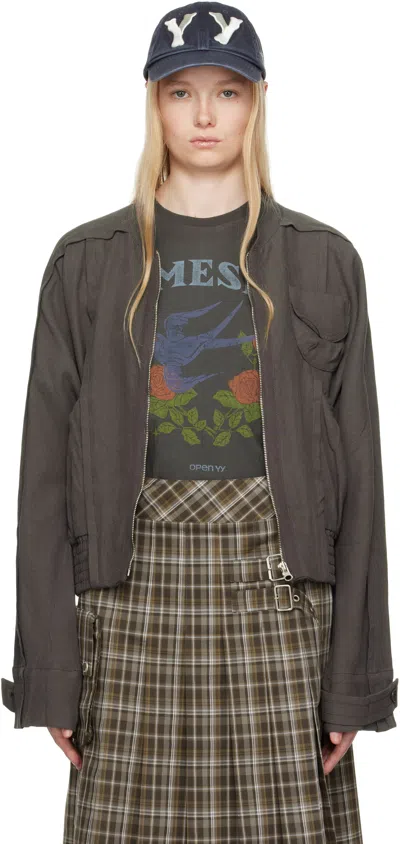 OPEN YY GRAY LINEN PANELED BOMBER JACKET