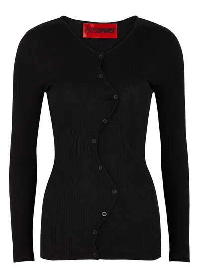 OPERASPORT OPÉRASPORT CLAIRE BLACK RIBBED-KNIT SILK CARDIGAN