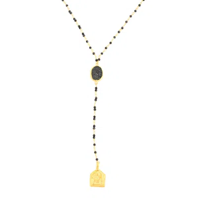 OPIUM JEWELS WOMEN'S GOLD / BLACK VINTAGE AMULET ROSARY NECKLACE - BLACK SPINEL & DRUZY