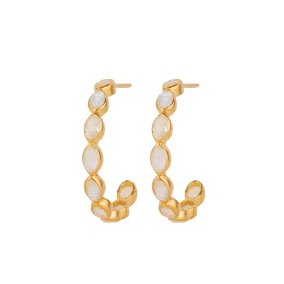 OPIUM JEWELS WOMEN'S GOLD / WHITE JALI STUD HOOPS - RAINBOW MOONSTONE
