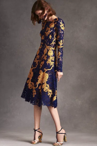 OSCAR DE LA RENTA $3990 OSCAR DE LA RENTA EMBROIDERED FERN LACE BLUE YELLOW DRESS COUNTESS WORE 12