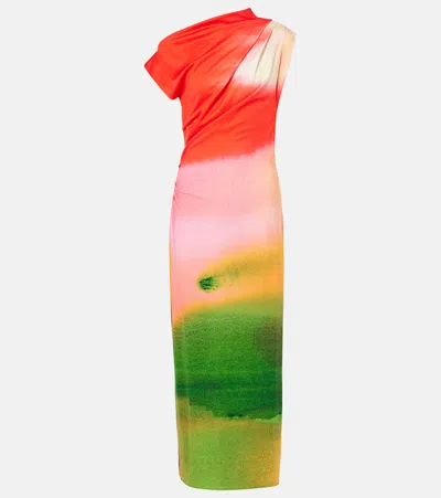 OSCAR DE LA RENTA COLORBLOCK DRAPED JERSEY MIDI DRESS