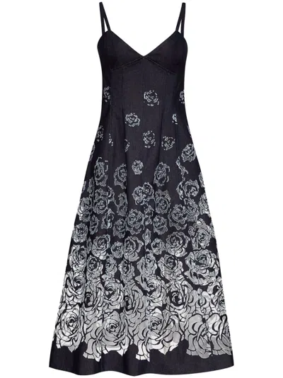 OSCAR DE LA RENTA DEVORÉ-EFFECT DENIM MIDI DRESS