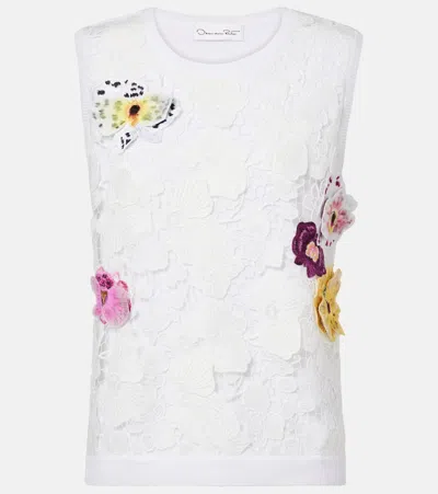 OSCAR DE LA RENTA LACE-TRIMMED FLORAL-APPLIQUÉ COTTON-BLEND TOP